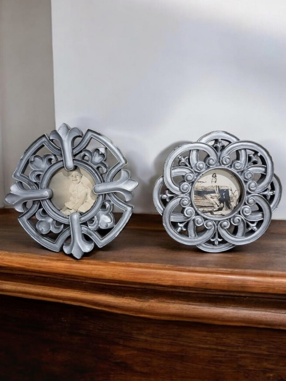 Pair of Circular Distressed Matte Silver Table Picture Frames. Fleur-de Lis.